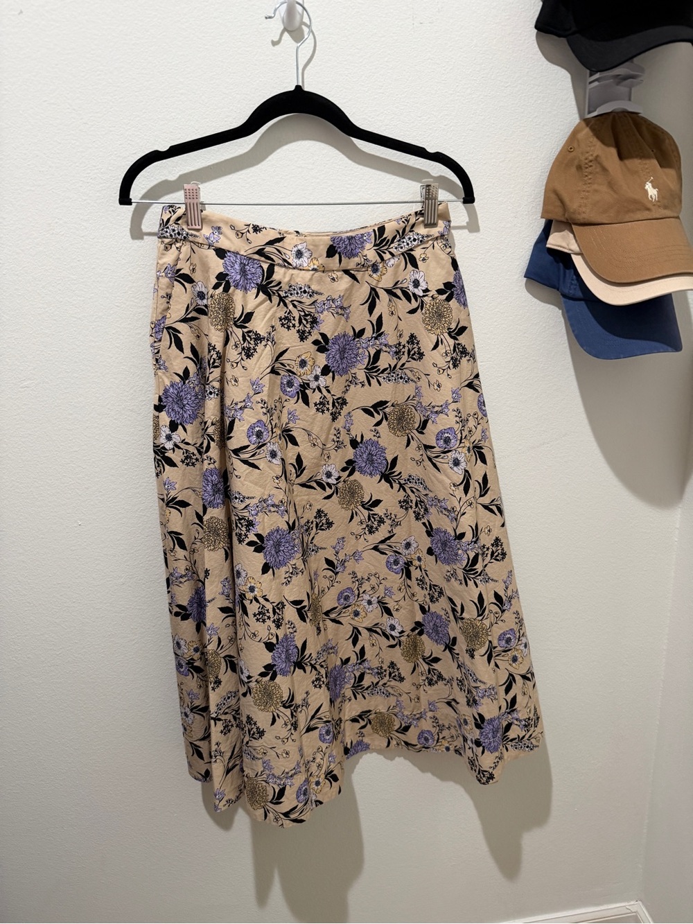 Ann Taylor Beige Floral A-Line Skirt with Purple Blooms